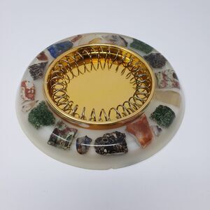 Vintage Mid-Century Modern Lucite Ashtray Real Semi-Precious Stones Gold Insert